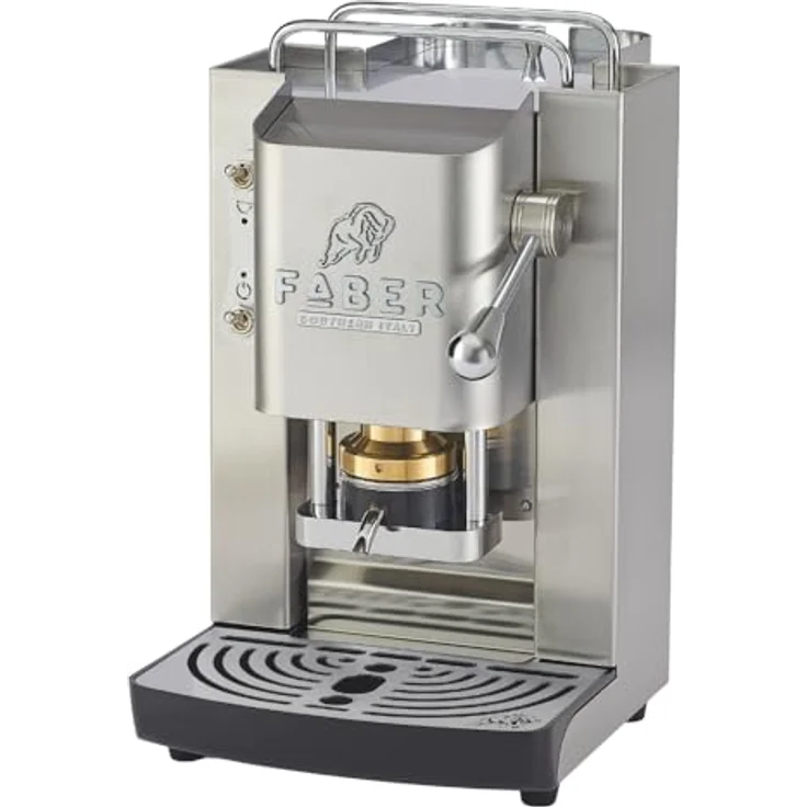 FABER COFFEE MACHINES Deluxe 3.0, Kaffeemaschine ESE 44mm mit Elektroventil, herausnehmbarem Padhalter, 1L Glasbehälter und verstellbarem Messing-Padpresser, mattes Edelstahl/Chrom – Bild 1