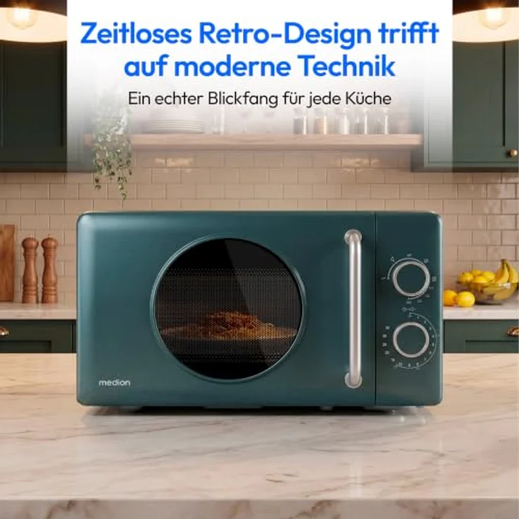 MEDION Retro Mikrowelle mit Grill, 20 Liter, 800 Watt, kompakt, petrol – Bild 3