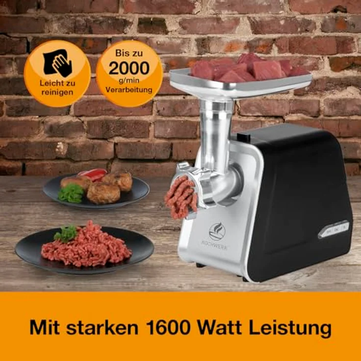 KOCHWERK 05708 4in1 Fleischwolf, 1600 Watt, inkl. Spritzgebäck-Aufsatz, Kebbe-Einsatz, 3 x Lochscheiben, Stopfer, silber-schwarz – Bild 2