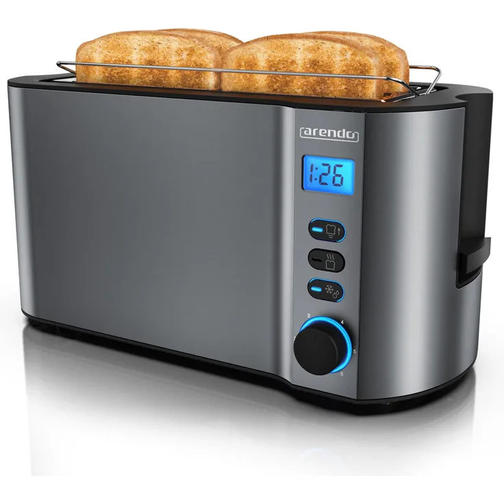 Arendo Langschlitz Toaster Edelstahl 4 Scheiben, Display mit Restzeitanzeige, Grau