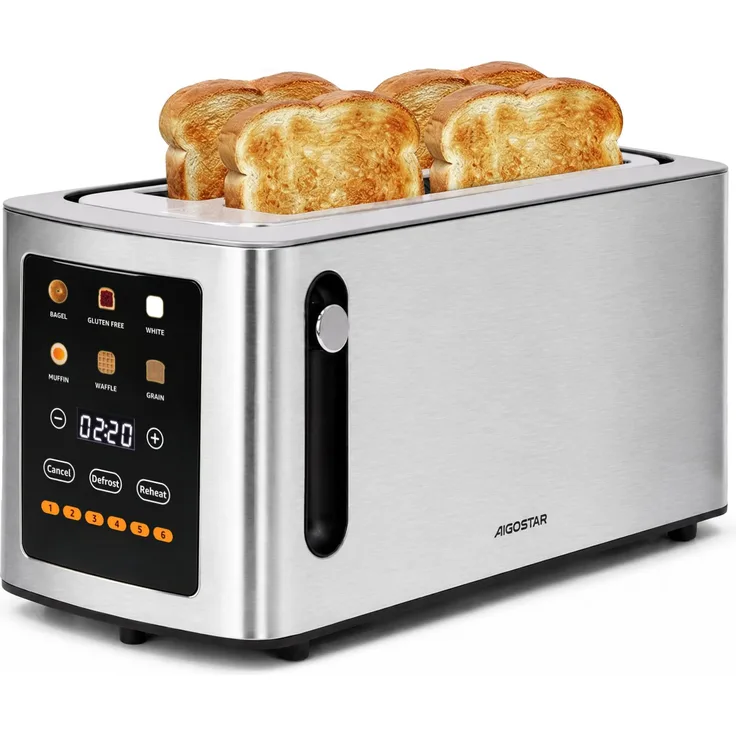 Aigostar Langschlitztoaster 4 Scheiben, 1750W, Edelstahl, Touchscreen mit LCD-Display und 6 Bräunungsstufen