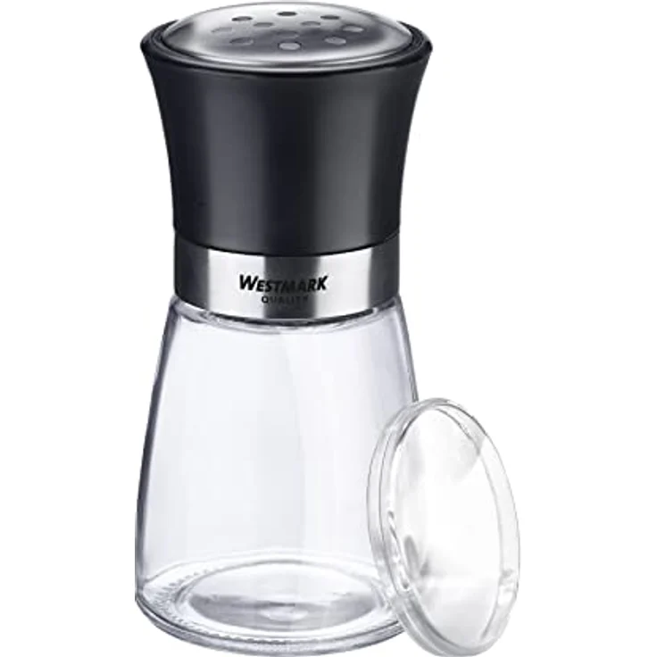 WESTMARK Salz- / Pfefferstreuer mit Aromadeckel, grobes Lochbild, transparent/schwarz/silber, 13.2 cm hoch – Bild 1
