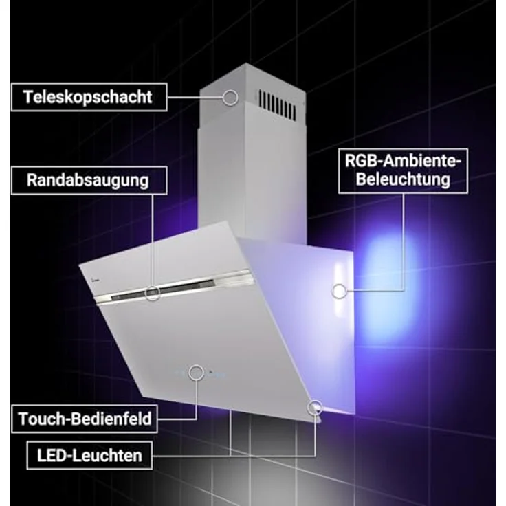 KKT KOLBE A+++ Dunstabzugshaube AURORA9005WED, 90 cm, 782 cbm/h, kopffrei, Weiß Silber Glas, mit Smart WiFi, SensorTouch und RGBW LED-Beleuchtung – Bild 4