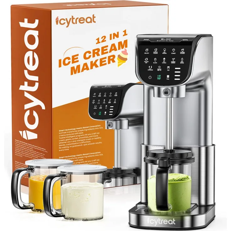 IcyTreat IC-1010 EU, 12-in-1 Eismaschine mit 1,6 l Kapazität, 500 W, LED-Display, inklusive Rezeptheft und Messlöffel, 12 One-Touch-Programme