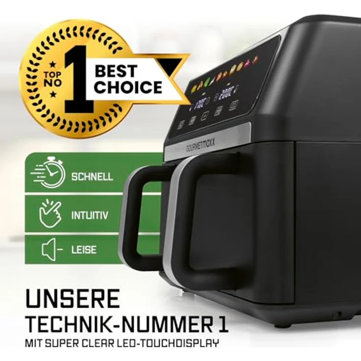 GOURMETmaxx Heißluftfritteuse AirGenius 10 l (2 x 5 l), Vario-Kammer, 2800 W, 10 Programme, Multi-Colour-LED-Touch-Display – Bild 2
