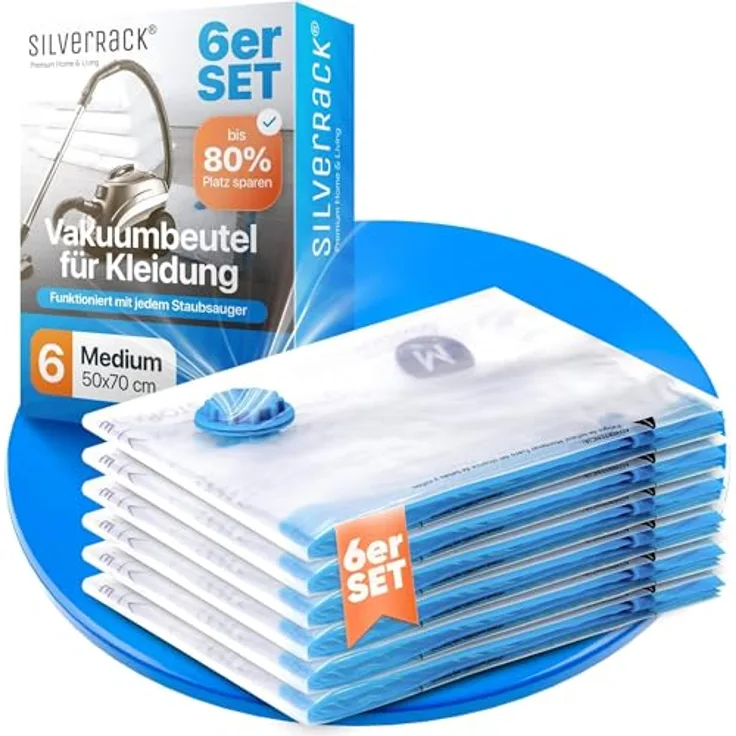 SilverRack Vakuumbeutel für Kleidung, 6er Set Medium (50x70 cm), inkl. Etiketten, 80% mehr Platz, 100% dicht, BPA-frei, wiederverwendbar