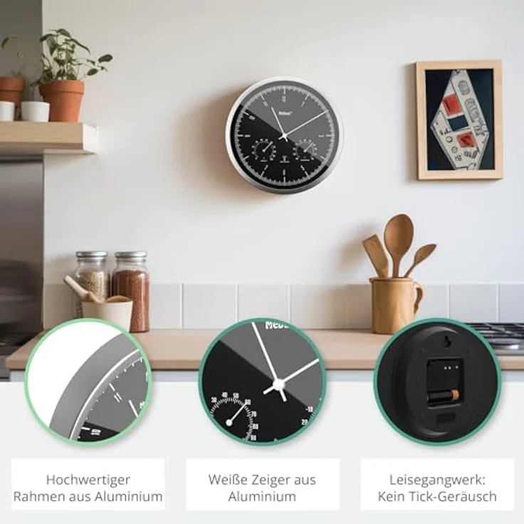 Mebus Kleine Funkwanduhr TinyTime mit Thermo- und Hygrometer | Wanduhr ohne Tickgeräusche | 25 cm | Weißes Zifferblatt | Aluminiumgehäuse | Temperatur- und Luftfeuchtigkeitsanzeige – Bild 3