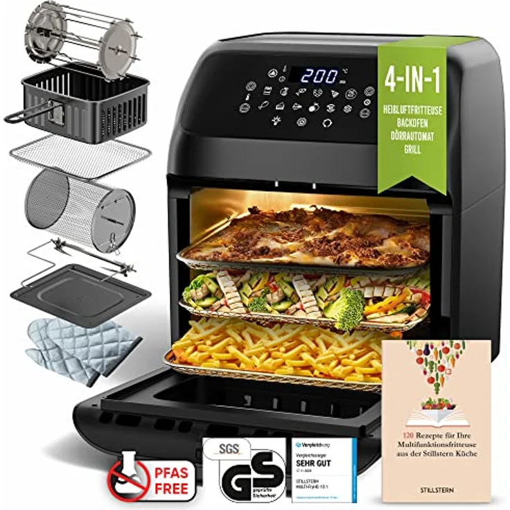 Stillstern Heiluftfritteuse 12L mit LED-Touchscreen, XXL Rezeptbuch auf  Deutsch, 12 Programme, Vorheizen&Warmhalten, 1800W Heissluftfritteuse Air  Fryer XXL ohne l Drren Minibackofen Camping Grill: Tests, Infos &  Preisvergleich