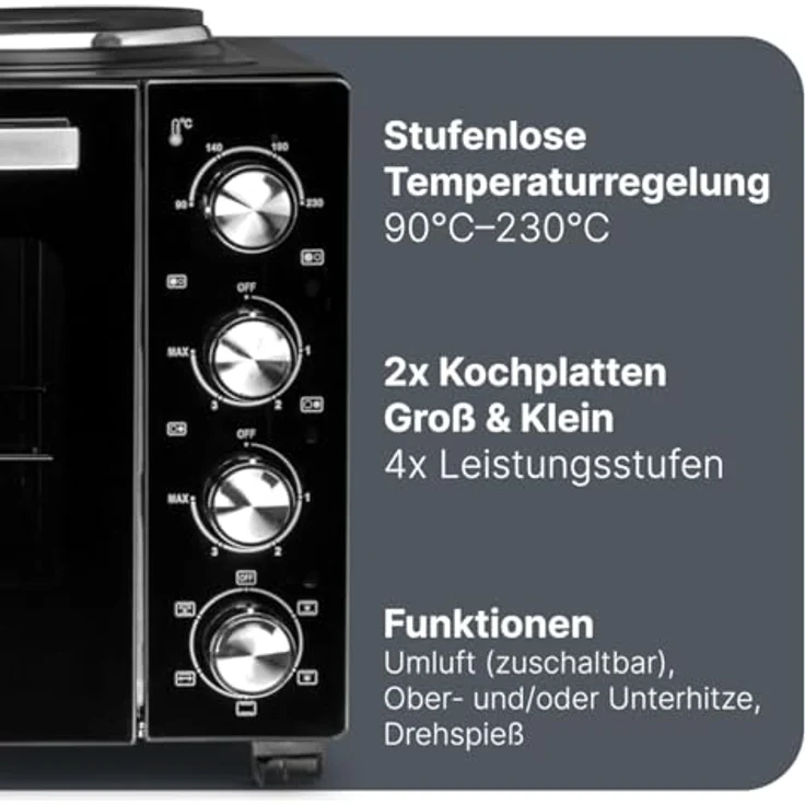 ProfiCook PC KK 1302, Minibackofen 32L mit Kochplatten und Drehspieß, Umluft, Oberhitze, Unterhitze, stufenlos regelbar, umfangreiches Zubehör – Bild 4