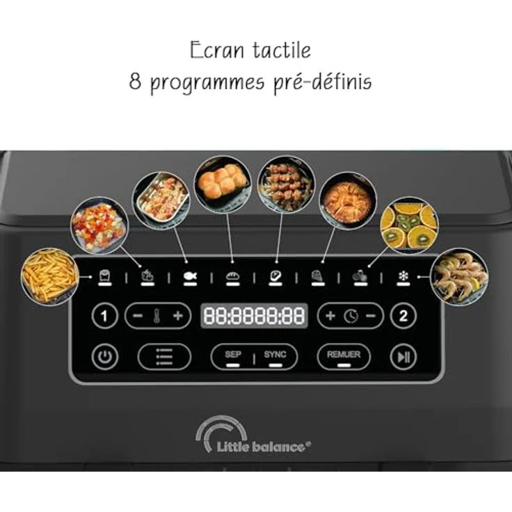 LITTLE BALANCE 8765 Crousty Light Duo, Fritteuse ohne Öl, Air Fryer, 2 Schubladen, Antihaft, PFAS-frei, 8 voreingestellte Programme, 7,6 Liter für bis zu 6 Personen, 2460 W, Schwarz – Bild 4