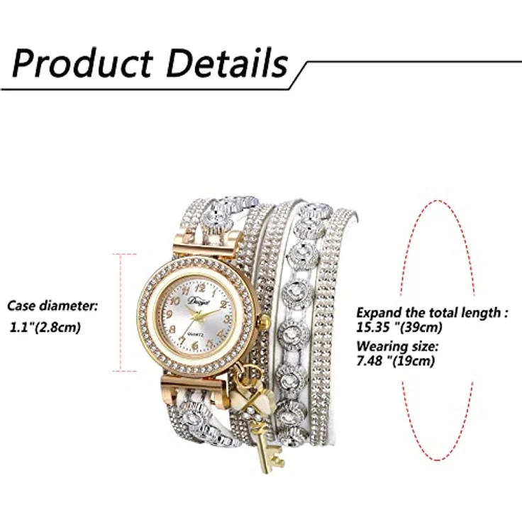 JewelryWe Armbanduhr Damen Böhmisch Retro mit Strass, Glitzer und geflochtenem Lederarmband, Analog Quarz, Weiß, inkl. Kleeblatt Schlüssel Anhänger – Bild 5