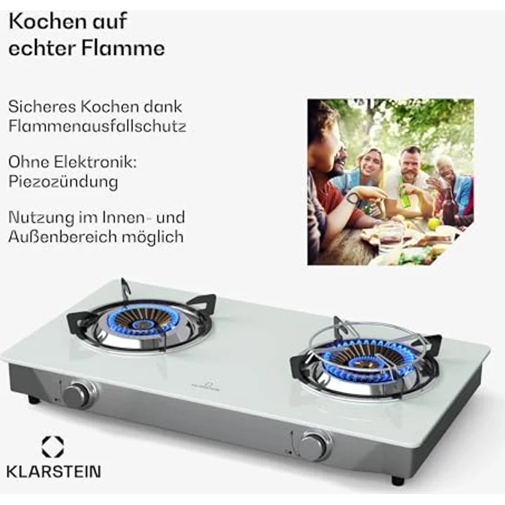 Klarstein Barzona Gaskochfeld, 2-Brenner Edelstahl & Glas, 7,7kW, Tragbarer Campingkocher mit Piezo-Zündung & Flammenausfallsicherung, Komplettset mit Schlauch & Regler – Bild 2