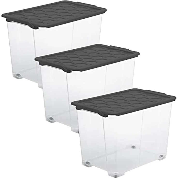 Rotho Evo Safe Keeping, 3er-Set Aufbewahrungsbox 65l mit Deckel, lebensmittelechter Kunststoff, transparent/anthrazit, stapelbar, mit 4 Rollen – Bild 1