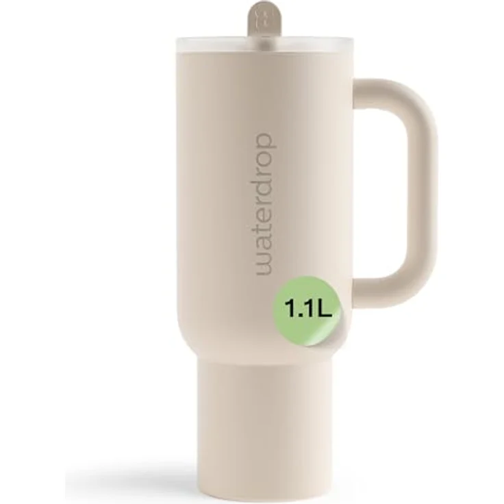 waterdrop® Thermobecher mit Strohhalm 1,1L, Auslaufsichere isolierte Edelstahlflasche, Hält 12h kalt, Klappbares Mundstück, Robustes Design – Bild 1
