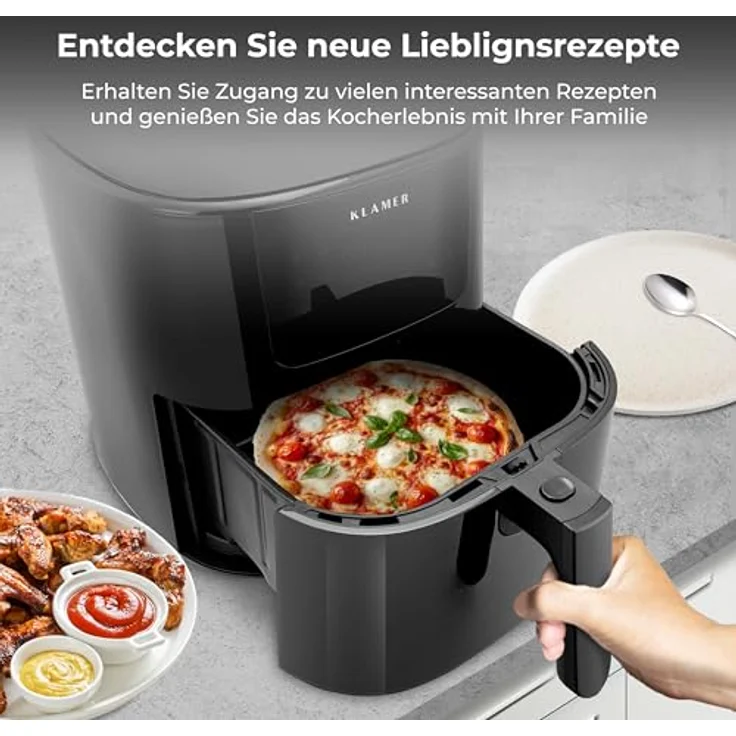 KLAMER Heißluftfritteuse 5l XL, Ölfreier 1500W Airfryer mit LED-Touchscreen und deutschem Rezeptbuch, spülmaschinenfester Korb - Weiß – Bild 5