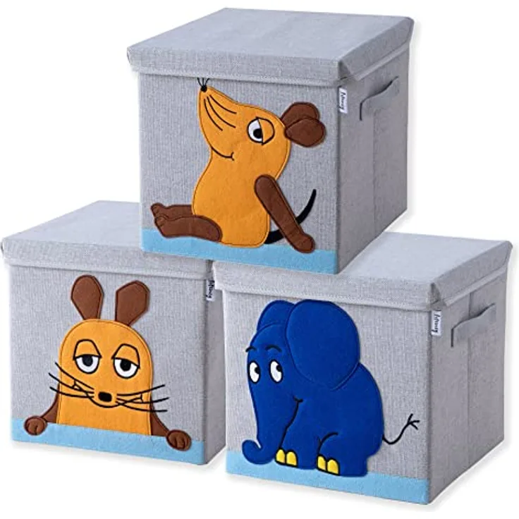 LIFENEY meets Die Maus 3x Aufbewahrungsbox mit Deckel für Kinder – Boxen mit der bekannten Maus und dem beliebten Elefanten im 3er Set – 30 x 30 x 30 cm passend für klassische Würfelregale