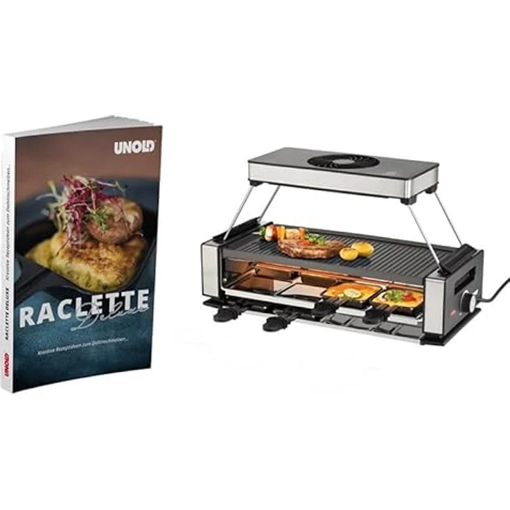 Unold 48985 Raclette Smokeless | Rauchfreier Raclette-Grill für 8 Personen mit Dunstabzugshaube, wendbarer Antihaft-Grillplatte, Edelstahl/Aluminium, 1200W – Bild 1