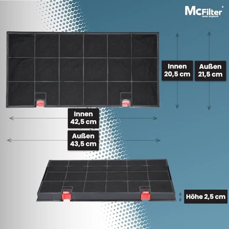 McFilter | 3x Aktivkohlefilter Dunstabzugshaube kompatibel mit Kohlefilter AEG 902979366-9, Bauknecht DKF24, Zanussi KLF60/80 Typ150, Siemens LZ33900, Neff Z5147X0 - Filter für Abzugshaube, 435 mm x 215 mm, rote Befestigungsclips – Bild 2