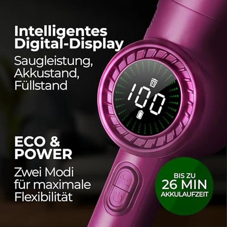 Lebenlang Akku-Handstaubsauger Kompakt, Beutellos, 17000PA Saugleistung, 2 Modi und LED-Display, pink – Bild 3