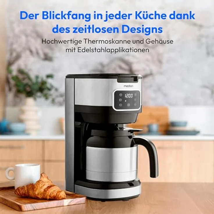 MEDION Kaffeemaschine mit Thermoskanne und Timer, Filtermaschine, 10 Tassen, 1,25 Liter, 900 Watt, Antitropf, edelstahl – Bild 2