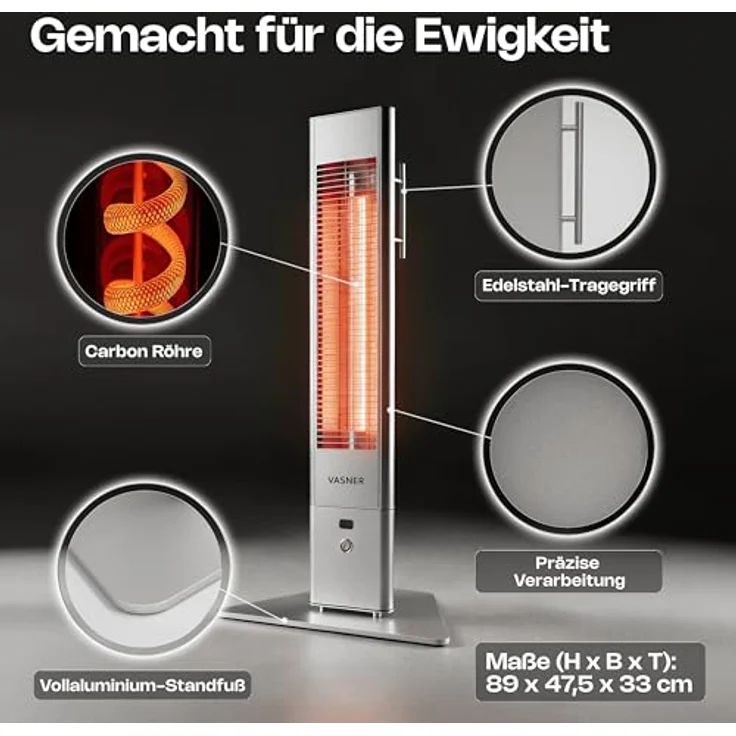 Vasner HeatTower Mini Mobiler Heizstrahler 1500 Silber, Heizstrahler – Bild 6