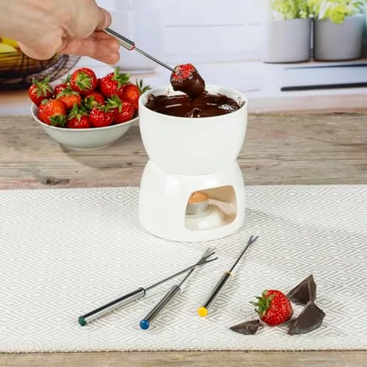 Bambelaa! Schokoladen Fondue Set, 4 Gabeln, Porzellan, weiß, für Schokolade und Schmelzkäse