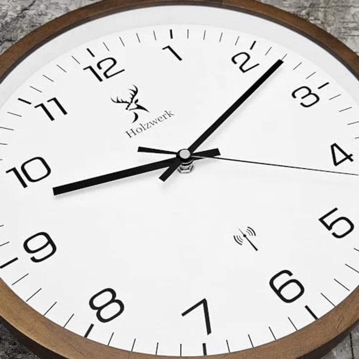 Holzwerk Germany Natur Holz Funkwanduhr Funk Wanduhr Holz-Uhr Vintage Funkuhr lautloses Uhrwerk ohne Tickgeräusche Braun Weiß lautlos aus handgefertigtem Massivholz Natur Holz 30 cm (Funkwerk.Braun) – Bild 3