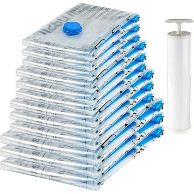Amazon Basics Vakuumbeutel Set für Kleidung, 12er-Pack mit 3 Jumbo, 3 Groß, 3 Mittelgroß und 3 Klein, luftdicht mit Handpumpe und Reißverschluss, durchscheinend – Bild 1