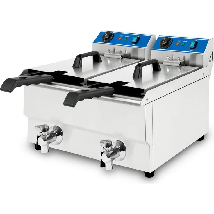 vertes Fritteuse FM19-FRT16-2, 2x 3000 W, Edelstahl, 60-200°C, 2 Frittierkörbe, 2x 16 L Volumen