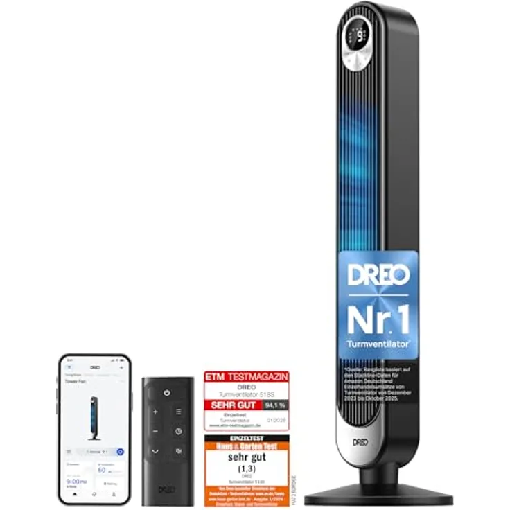 Dreo Smart Turmventilator mit 20dB DC Motor, 11m Windentfernung, 9 Geschwindigkeitsstufen, 4 Modi, 90° Oszillation, Fernbedienung und Sprachteuerung, 12H Timer