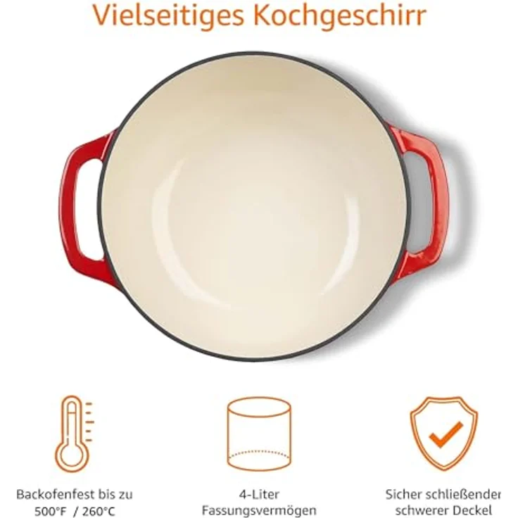 AmazonBasics Bräter Schmortopf aus emailliertem Gusseisen, 5,67 l, Rot – Bild 3