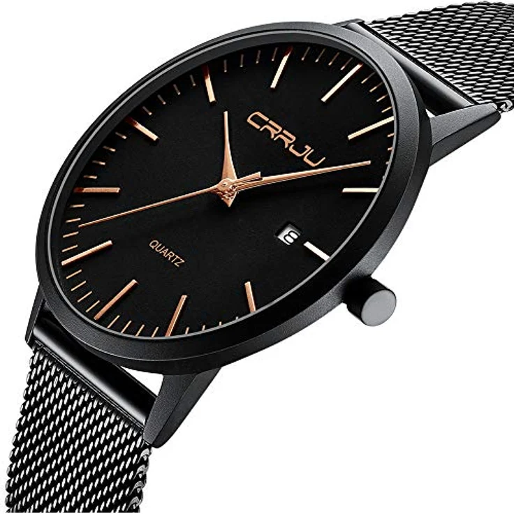 CRRJU Ultra Dünne Herren Armbanduhr, Wasserdicht mit Schwarz Edelstahlband und Roségoldenen Akzenten, Analog Quarz Business Uhr – Bild 2