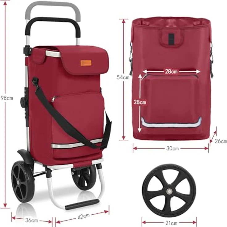 Sekey Einkaufstrolley 3-in-1 mit Kühlfach und Spanngurt, Faltbarer Einkaufswagen, 42L, 35kg, rot – Bild 3