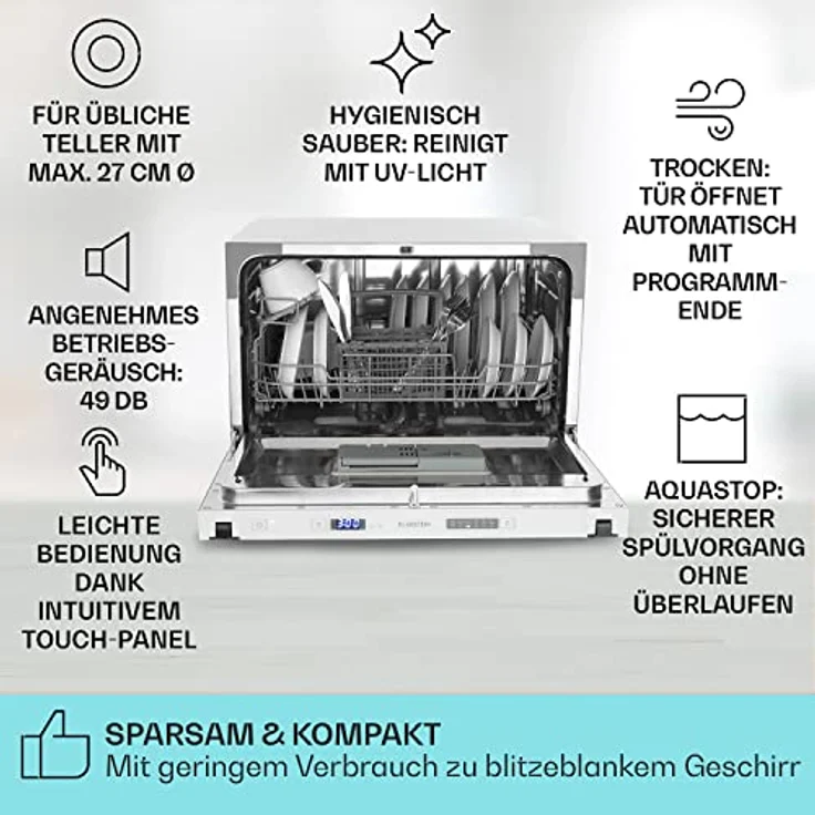 Klarstein Havasia UV 6 Secret, Tischgeschirrspüler, E, Geräuschemissionsklasse C, Geräuschemissionen 49 Dezibel – Bild 3