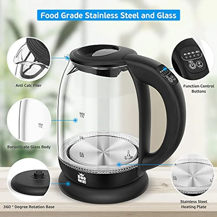 Forme FKG-227 Wasserkocher, 2200W, 1,7 Liter, Warmhaltefunktion, mit Temperatureinstellung, Glas, Edelstahl, schwarz – Bild 3