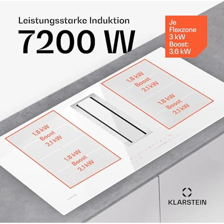 Klarstein Chef-Fusion Induktionskochfeld Mit Dunstabzug - 7.200-W-Flex-Zone, 610 m³/h Saugleistung, Energieeffizienzklasse A, Touch-Bedienung, Glasoberfläche, 90 cm, Schwarz – Bild 4