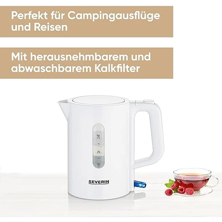 SEVERIN Reise-Wasserkocher-Set, Reisewasserkocher für 0,5 l mit umschaltbarer Spannung (115/230 V), elektrischer Wasserkocher mit 2 Kunststofftassen und 2 Löffeln, weiß, WK 3462 – Bild 2