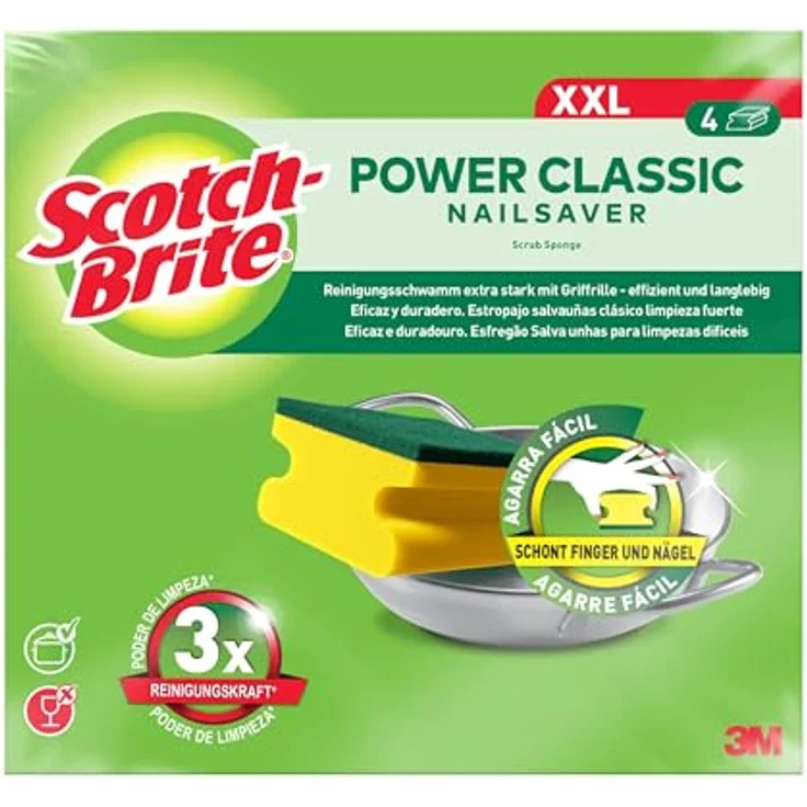 Scotch-Brite CLXNS4 Reinigungsschwamm Classic XXL, Extra kraftvolle Vliesseite, gelb-grün, 4er Pack – Bild 2