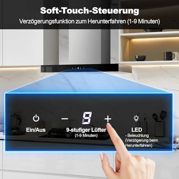 TopStrong Dunstabzugshaube 60cm, Edelstahl, 700 m³/h, 9 Stufen Soft Touch Steuerung, 2W LED-Licht, Umluft/Abluft – Bild 3