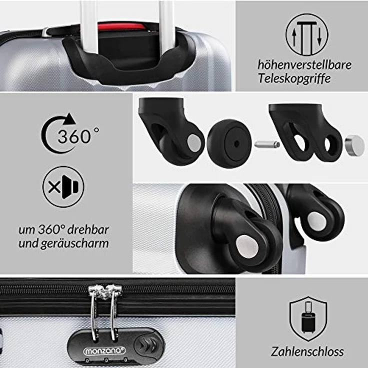 Monzana® Koffer Baseline Handgepäck ABS Hard Case Gehäuse gummierte Rollen Teleskopgriff Zahlenschloss Reisekoffer Hartschalenkoffer Trolley Silber XL – Bild 2