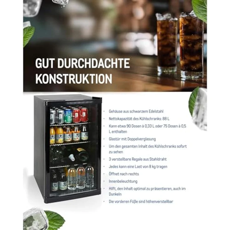 METRO Professional Mini-Kühlschrank GPC1088, 88 L, 1.052 kWh/24h, 3 verstellbare Edelstahl-Drahtböden, schwarz, LED-Innenbeleuchtung – Bild 2