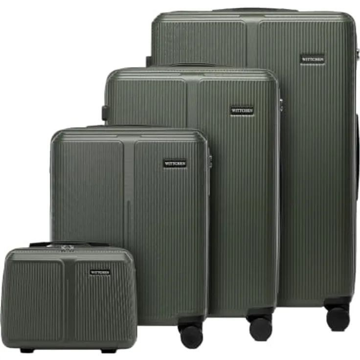 WITTCHEN Stripes Line Kofferset mit Kosmetiktasche, Hartschalenkoffer in Khaki, ABS, 4 Doppelrollen, Teleskopgriff, Zahlenschloss, Set S + M + L + XL