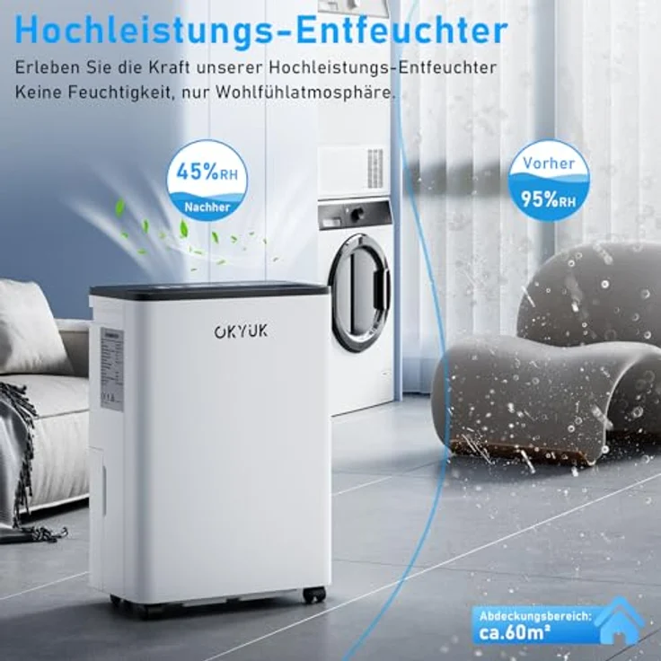 OKYUK Luftentfeuchter 12L, Elektrisch mit Digitaler Luftfeuchtigkeitsanzeige, 32dB Leiser Betrieb, Automatische Abschaltung, für Wohnmobil, Badezimmer, Keller, Weiß – Bild 4