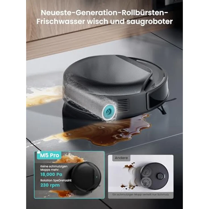 Lefant M5 Pro Roller Staubsauger Roboter, 18000 Pa Saugkraft, Frischwasser-Technologie, Absturzsicherung, No-Go-Zone, Grau – Bild 3
