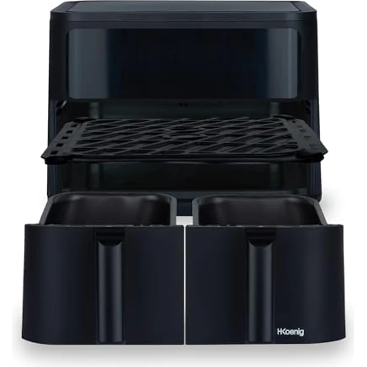 H.Koenig Airfryer Fritteuse ohne Öl, 2 Becken, XXL FRY900, doppelte Kapazität 9 l, verstellbar 80 – 200 °C, 5 Kochmodi, Timer 60 Minuten, 8 Programme, Touchscreen, silber – Bild 4
