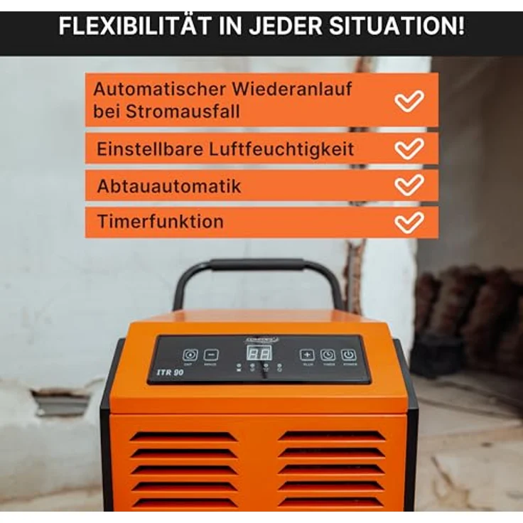 Comedes Bautrockner Luftentfeuchter ITR 90 mit 90 Liter/24h und Drainagepumpe, für Räume und Keller bis 150m²/345m³, Metallgehäuse – Bild 5