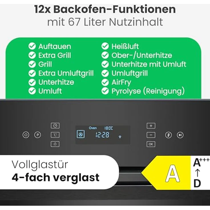 Bomann EBO 7912, Einbau-Backofen mit Pyrolyse, 67 Liter, Grill, AirFry, Umluft, Touch-Display, Energieklasse A, schwarz – Bild 4