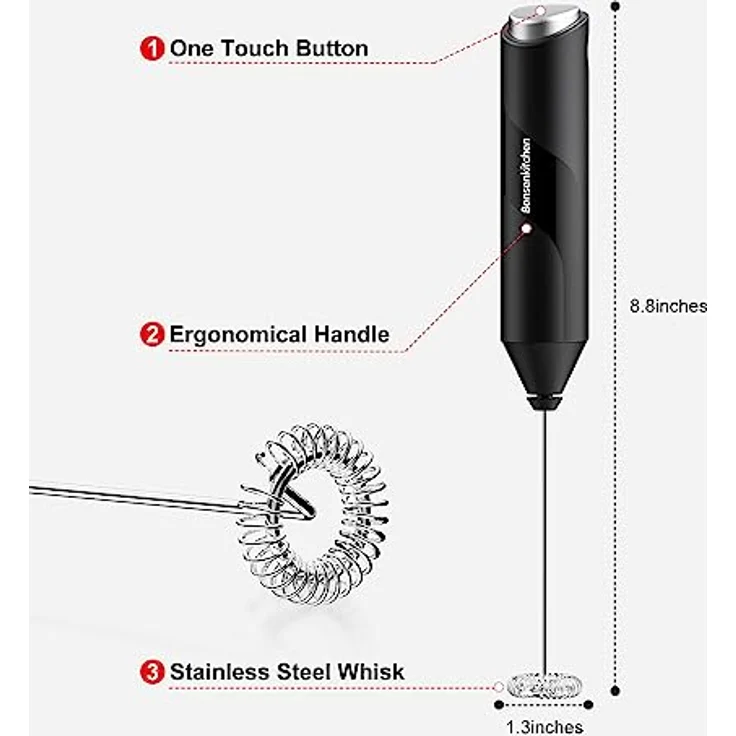 Bonsenkitchen Elektrische Milchaufschäumer, Handheld Milchschäumer Stab für Kaffee, Latte Macchiato, Cappuccino, Matcha, batteriebetrieben, Kaffeemixstab - Schwarz – Bild 5