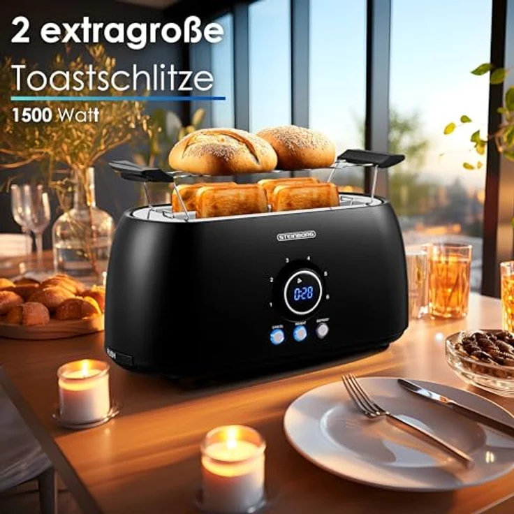 XXL Toaster 4 Scheiben mit Brötchenaufsatz | Toaster Schwarz | Digitales Display | Toastautomat | Automatische Abschaltung | Langschlitztoaster – Bild 2