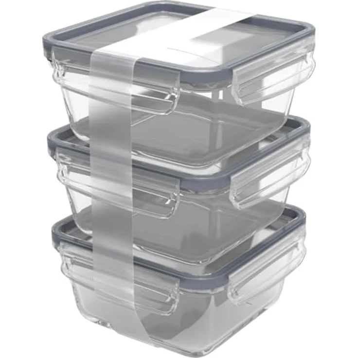 Rotho Kühlschrankdose Glas CLIC & LOCK 0,75 L, 3er Set, horizon blau, backofen- und mikrowellenfest – Bild 1